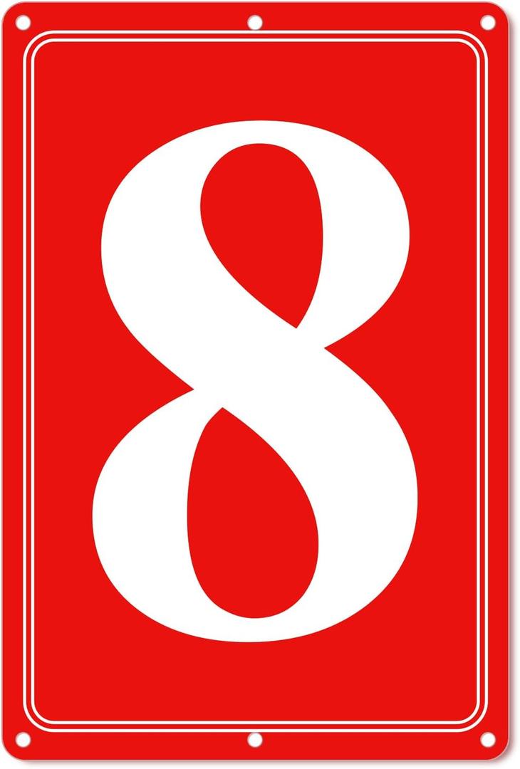 Premium Aluminum Number Signs 8, Metal 12" X 8" Red Numbered Signs Outdoor for Parking Lots, Floor, Dock, Court, Aisle, Field, High Visibility, No Fade, Weather-resistant