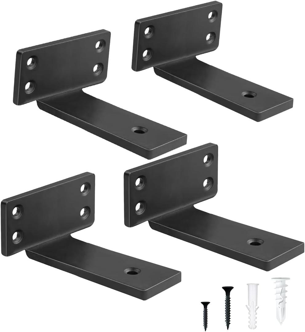 4 Inch Heavy Duty Floating Shelf Brackets,Hidden Black Metal L Bracket,Industrial Modern Wall Shelving Supports,3Pack