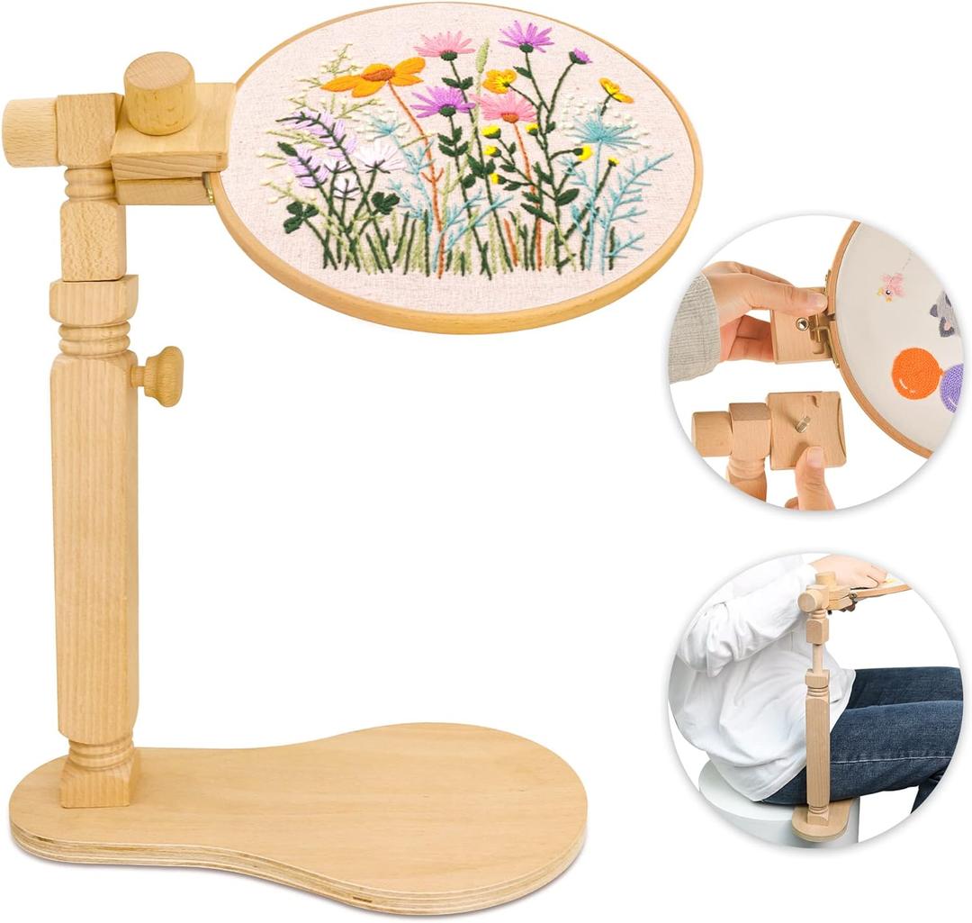 Adjustable Embroidery Hoop Stand Cross Stitch Stand Lap, Beech Wood Embroidery Hoop Holder Frame, Rotated Needlepoint Frame Stand for Art Craft Sewing Needlework Projects