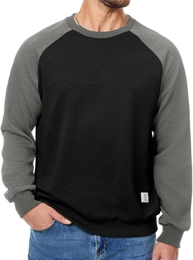 Dokotoo Men Men's Fall Crewneck Sweatshirts Patchwork Long Sleeve Geometric Texture Casual Pullover Shirt, L