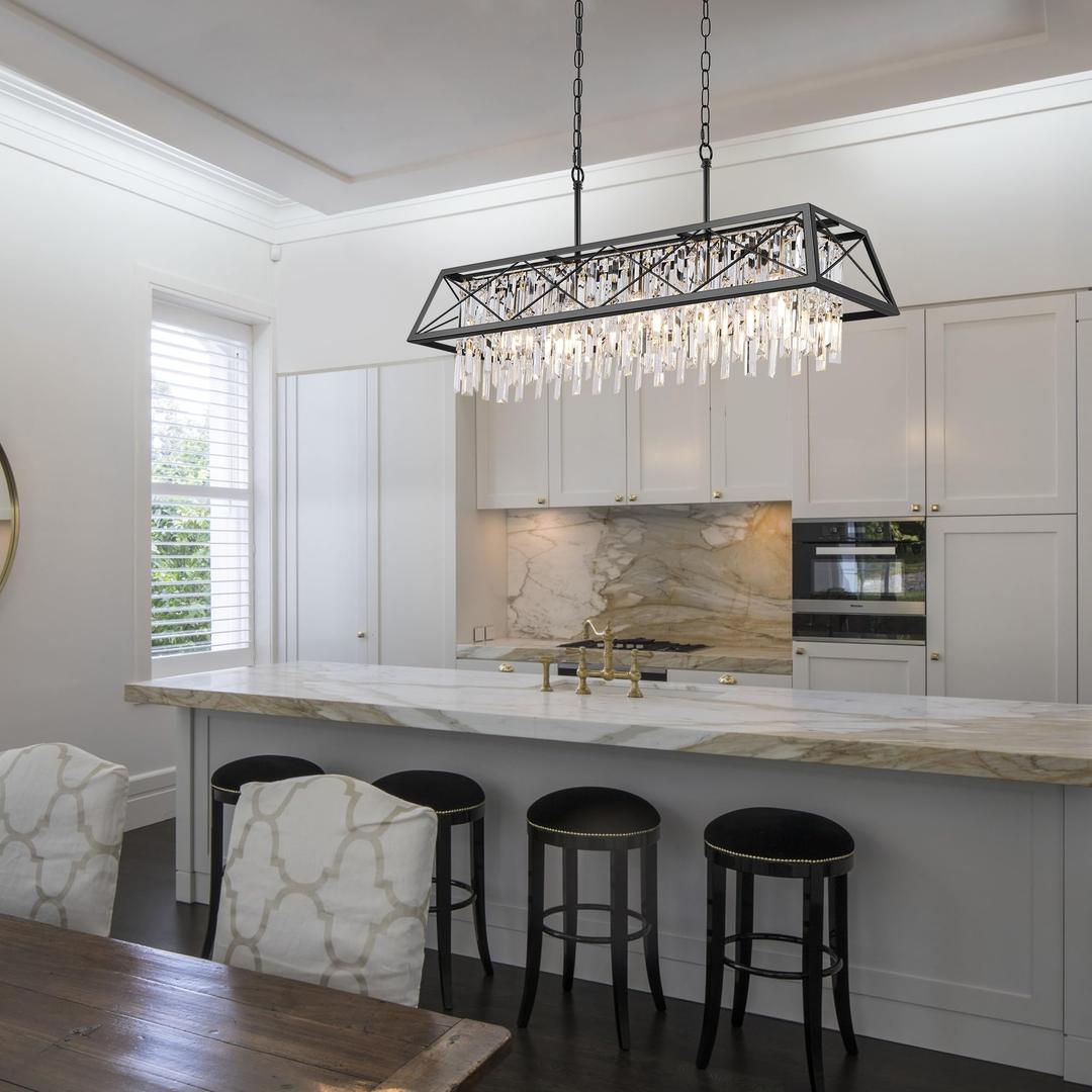 COCOSTAR 36" Black Crystal Chandeliers for Dining Room, 5-Light Modern Rectangle Chandelier, Linear Luxury Pendant Light Fixture for Kitchen Island Bar Living Room Bedroom E26 Base