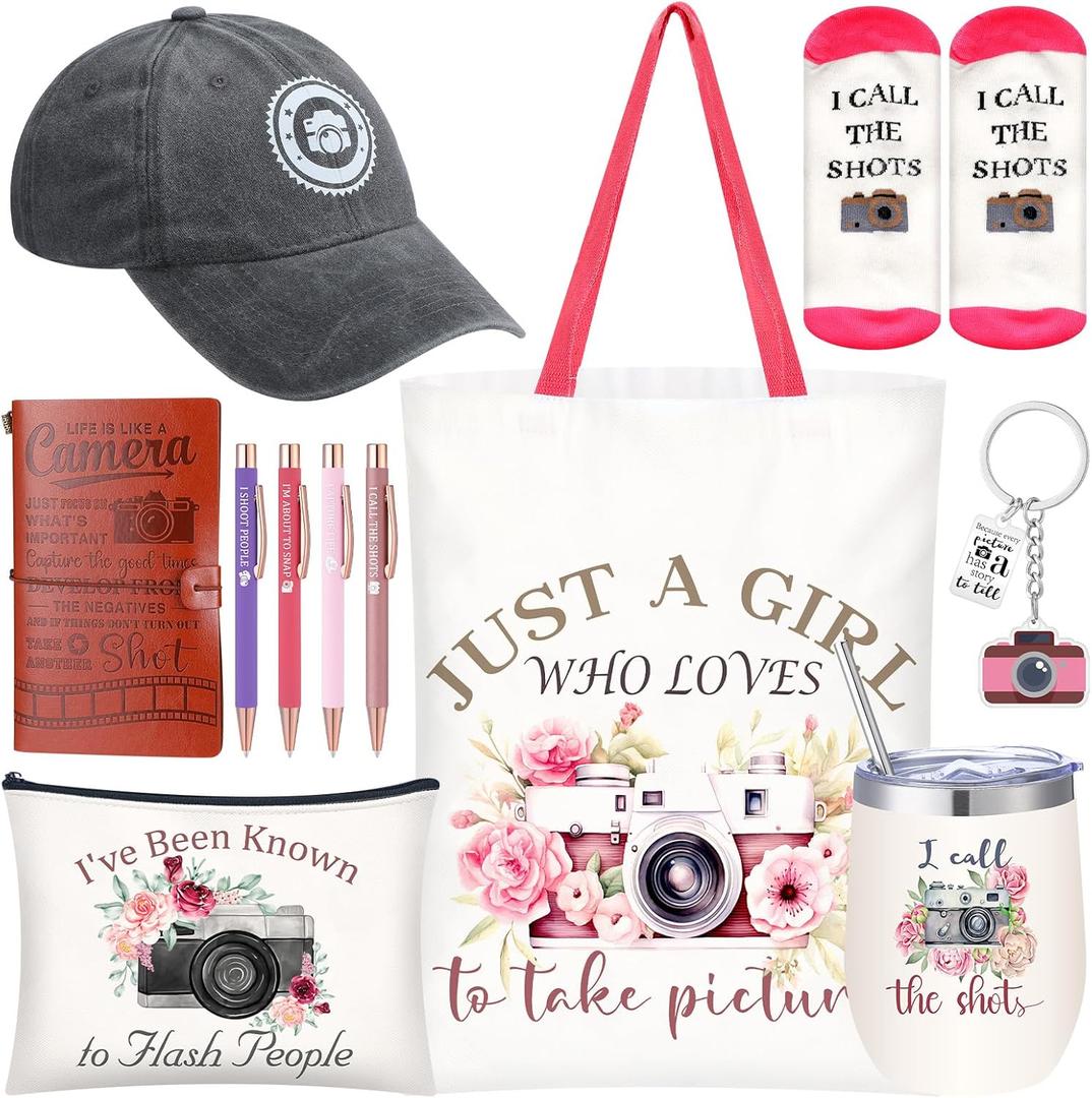 Geiserailie 11 Pcs Photographer Gifts for Camera Lovers Christmas Birthday Gifts Set for Women Photography Lovers Include Inspirational Canvas Bag Makeup Bag Hat Socks Keychain Cup Notebook Pen (Pink)