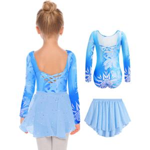 Zaclotre Girls Ballet Leotards Toddler Long Sleeve Crisscross Back Dance Dress Outfit with Removable Shiny Skirt Combo (3-4T, Blue Snowflake)