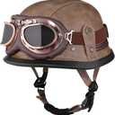 Motorcycle Half Helmet Retro German Handmade Leather Half Face Quick Release Buckle & Goggles - DOT Approved (Light Brown, L)
