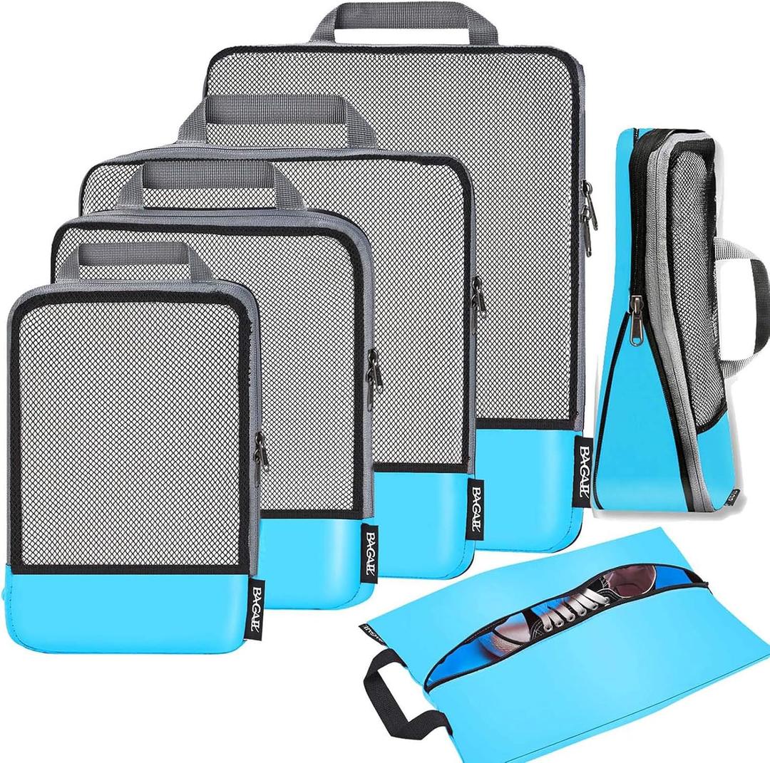 BAGAIL 4 Set/6 Set/8 Set Compression Packing Cubes Travel Accessories Expandable Packing Organizers(Blue HalfMesh 6 Set)