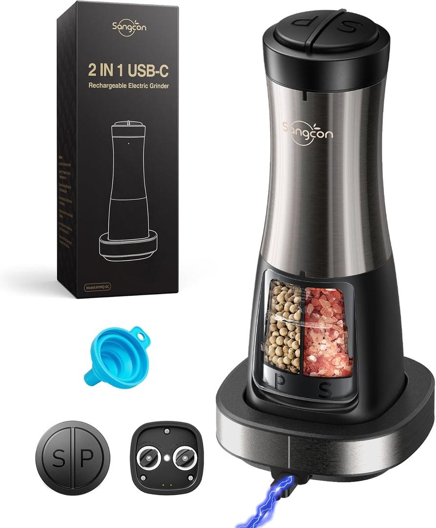Sangcon Electric Salt and Pepper Grinder Set Shaker 2 IN 1 - USB RECHARGEABLE Salt and Pepper Mill with Charging Base, Adjustable Coarseness Automatic Grinder with Light, House Warming Cooking Gifts