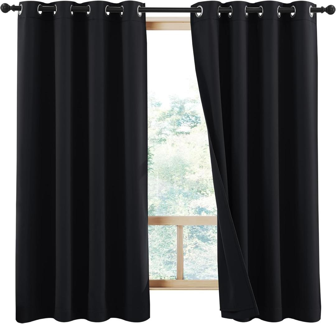 NICETOWN Truly Blackout Curtains 54 inches Length, 2 Thick Layers Completely Blackout Window Treatment Thermal Insulated Lined Drapes for Basement Window (Black, 2 PCs, 52 inches Width Each Panel)