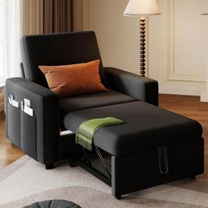 YITAHOME Convertible Sofa Chair Bed, 3-in-1 Sleeper Sofa with Pull-Out Bed, Linen Fabric Single Sleeper Chair with Reclining Backrest and Wide Armrest, Modern Lounge Sofa for Small Space, Black