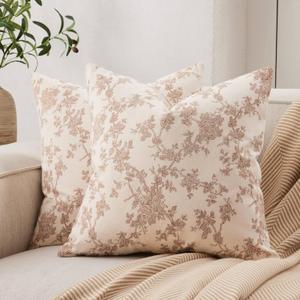 100% Cotton French Pastoral Throw Pillow Covers Set of 2, 18x18 Inch Brown Farmhouse Decorative Cushion Covers for Sofa Bed Living Room Home Decor