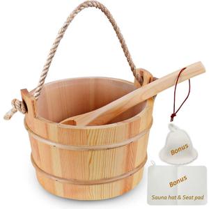 Sauna Bucket with Ladle Handmade Wooden Sauna Bucket Sauna Spa Accessory - 5 Liter (1.3 Gallon) Sauna Bucket with Felt Sauna Hat and Sauna Seat Pad