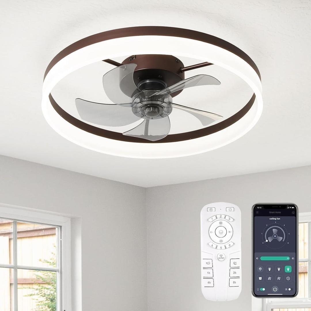 Ceiling Fans with Lights, 20" Coffee Brown Flush Mount Ceiling Fan with Remote, 6-Speed Low Profile Smart Fan for Bedroom, Kitchen, Kids Room, Small Room