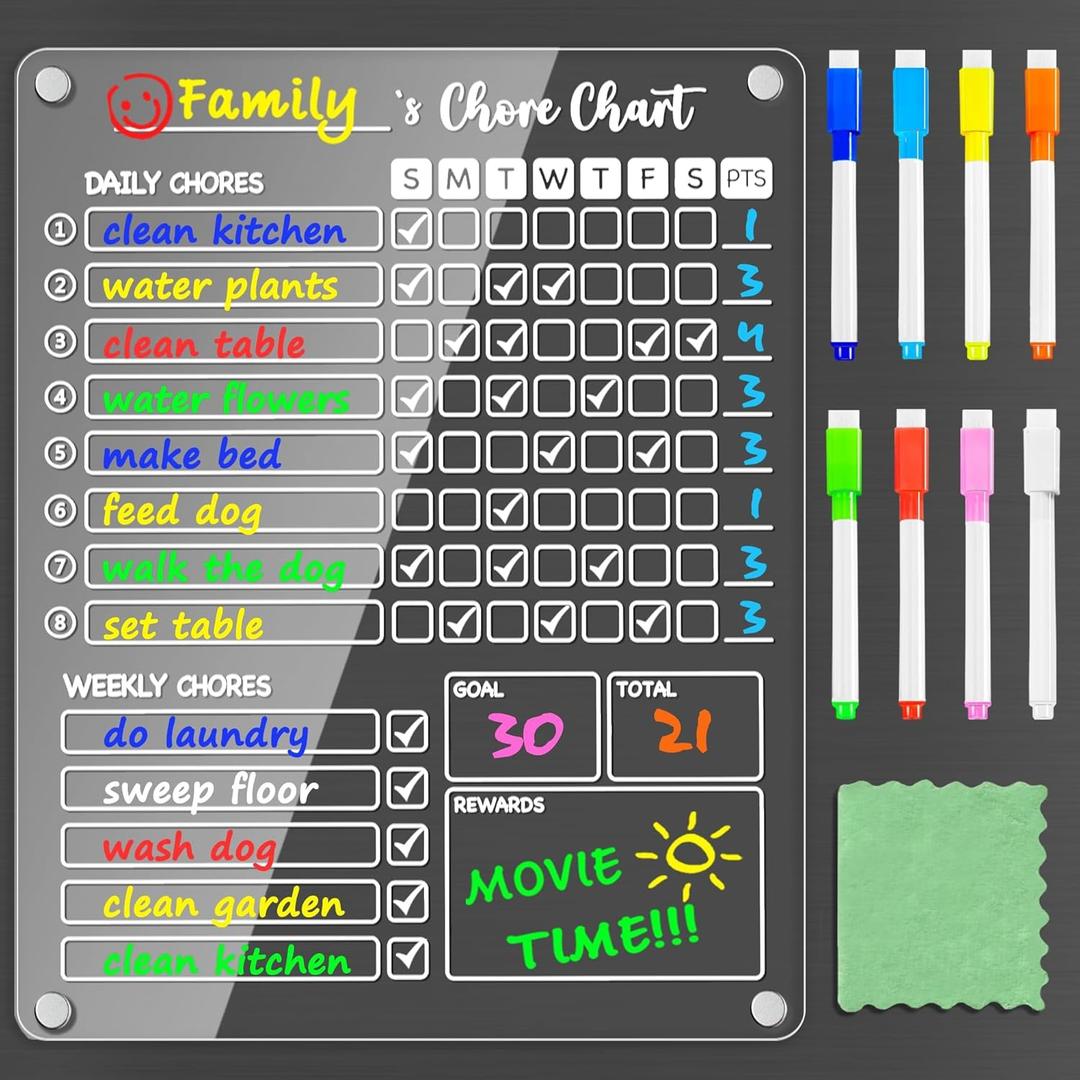 PigPotParty Acrylic Magnetic Chore Chart for Kids on Fridge  9.5"x12" Daily & Weekly Dry Erase Chore Board with 8 Fine Tip Markers and 1 Towel  Responsibility Chart with Reward Point System