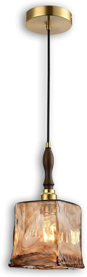 Modern Amber Glass Pendant Light, 5.25"x11.7" Elongated Hanging Fixture with Wood Grip & Brass Accent, 15"-72" Adjustable Line, E26 Socket  Golden Amber Rectangular