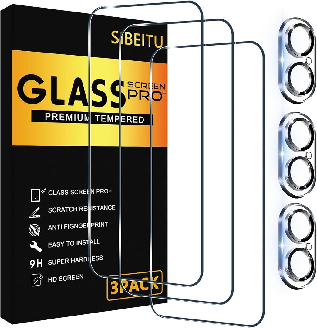 SIBEITU 3 Pack Screen Protector for iPhone 16 with 3 Pack Camera Lens Tempered Glass Protector, 6.1 Inch HD Clear Tempered Glass Film 9H Hardness Full Coverage, Scratch Resistent, No Air Bubbles