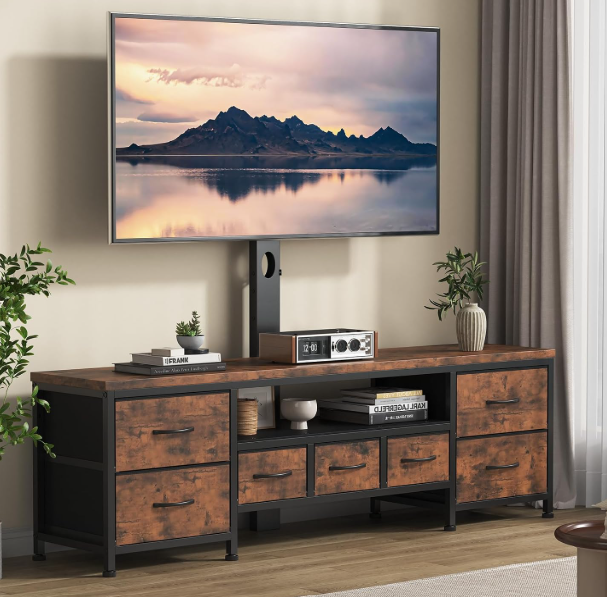 TV Stand with Mount for 45/55/65/75 inch TVs, 51.2" Dresser TV Stand Entertainment Center with 7 Fabric Drawers, Open Storage Shelves, Media Console for Living Room, Rustic Brown