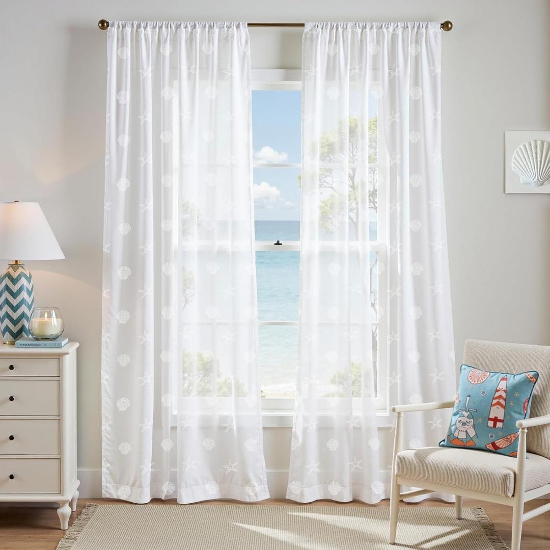 Jinchan Sheer Curtains for Living Room Bedroom White Coastal Curtains for Beach Cabin Summer Room 84 Inch Long Voile Light Filtering Seashell Starfish Window Treatments Set Rod Pocket 2 Panels