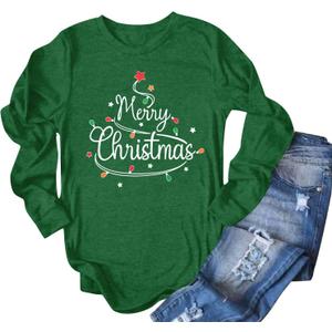 FASHGL Christmas Shirt Women Merry and Bright Pullover Christmas Lights Graphic T Shirts Xmas Long Sleeves Tops (XXL)