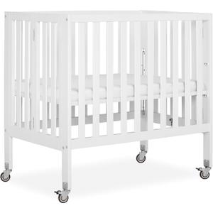 Dream On Me Jett Mini Folding Baby Crib in White, GreenGuard Gold & BSA, Lightweight & Portable, Patented Flat Folding System for Small Spaces & Travel, 1.5” Mattress Pad, 3 Heights, Safe Wheels, 38"L x 26"W x 36"H
