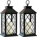 Bright Zeal Pack of 2 13.5" Vintage Candle Lantern with LED Pillar Candle (Black, 6hr Timer) - IP44 Waterproof Battery Powered Decorative Light - Outdoor Patio Hanging Lantern Decorative Tabletop Light