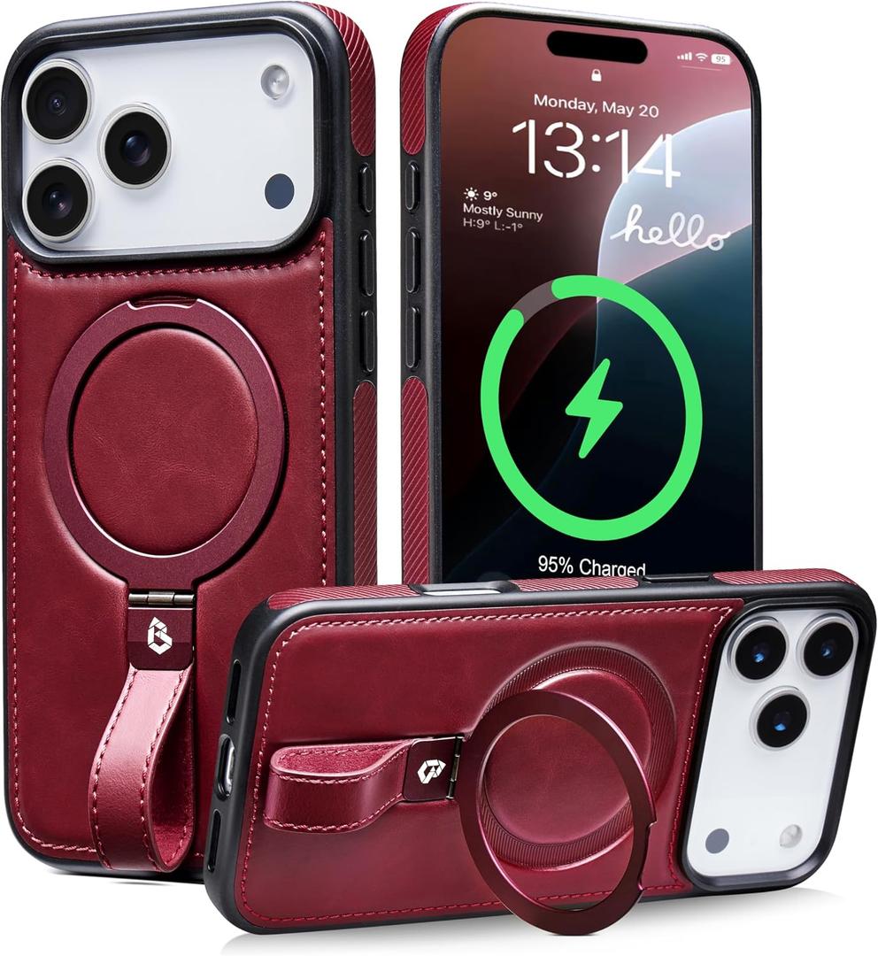 Butaiga for iPhone 17 Pro Leather Case with Stand, Anti-Slip Grip Ring, Fits for MagSafe (Burgundy, iPhone 17 Pro)
