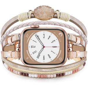 KOREDA Boho Leather Bracelet Compatible for Apple Watch Band 38mm 40mm 41mm 42mm 44mm 45mm 46mm Series 10 9 8 7 SE Women, Handmade Multilayer Wrap Beaded Jewelry Apple Watch Strap for iWatch Series 6/5/4/3/2/1
