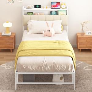 Weehom Twin Bed Frames with Wood Headboard Storage Shelf, Modern Upholstered Bed Frame with Charging Station - No Box Spring Needed