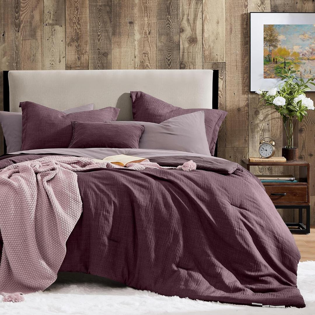 Geniospin Purple Full Comforter Set - 7 Pieces Eggplant Comforter Full Size, Solid Bedding Set for All Season, Textured Bed in a Bag with Sheets (Full (80"x90"))