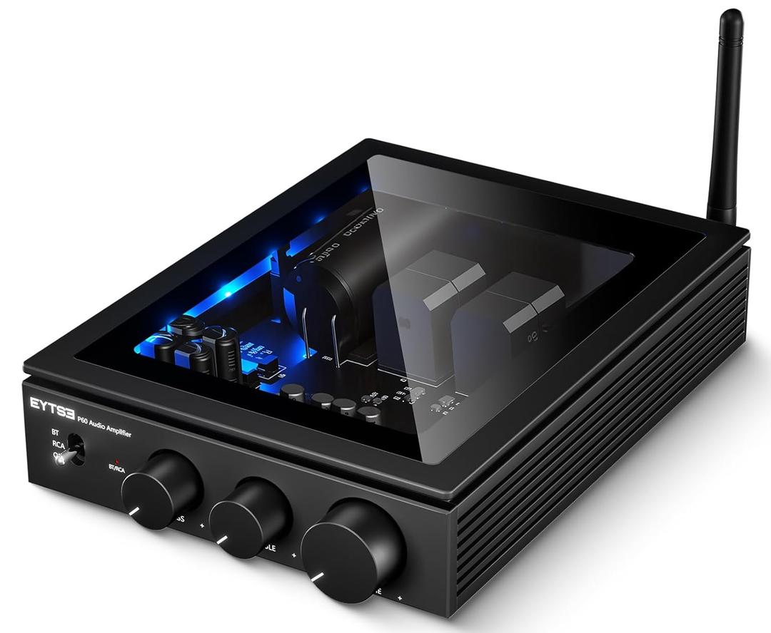 P60 Bluetooth Stereo Amplifier for Passive Speakers, 300W x 2 TPA3255 2 Channel Mini Class D Home Audio Amp with PFFB, Bass Treble Control for Outdoor/Bookshelf/Turntable Speakers