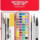 ARTISTRO Watercolor Paint Set in Portable Box, Includes Metallic and Fluorescent Paints, 2 x Brushes, Watercolour Paper, Acrylic Markers, Travel kit for Artist and Beginners
