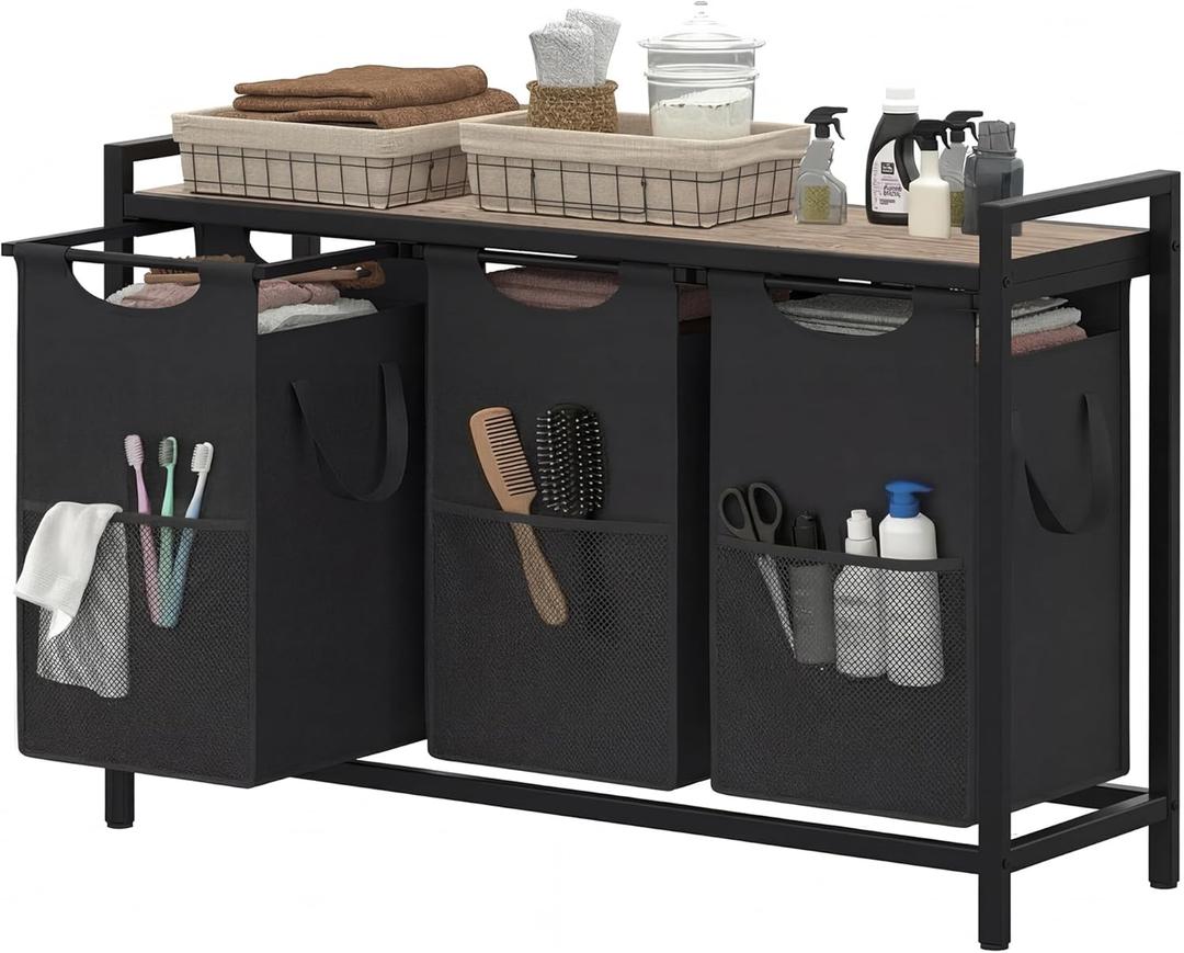 Heybly Laundry Hampers, 3 × 15 Gal (171 L) Laundry Basket with Large Desktop Sorter for Laundry Room organization, Bathroom and Dorm Laundry Bags on Storage Shelf Greige HLH003SG