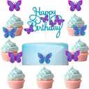 13 PCS Blue & Purple Happy Birthday Cake Toppers 3D Double-Layer Butterfly Cupcake Decorations for Birthday Parties and Baby Showers Cake Decor