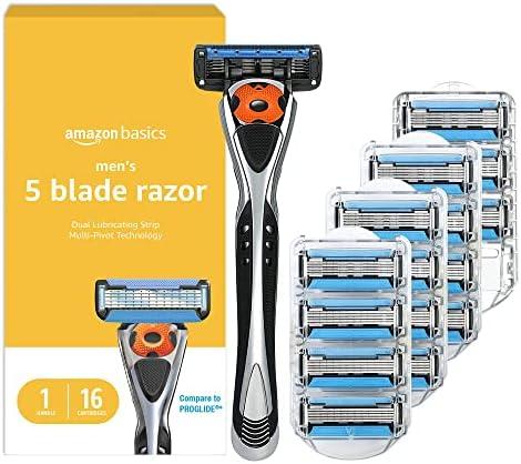 Amazon Basics 5-Blade MotionSphere Razor for Men with Dual Lubrication and Precision Trimmer, Handle & 16 Cartridges, Cartridges fit, Razor Handles only, 17 Piece Set, Black