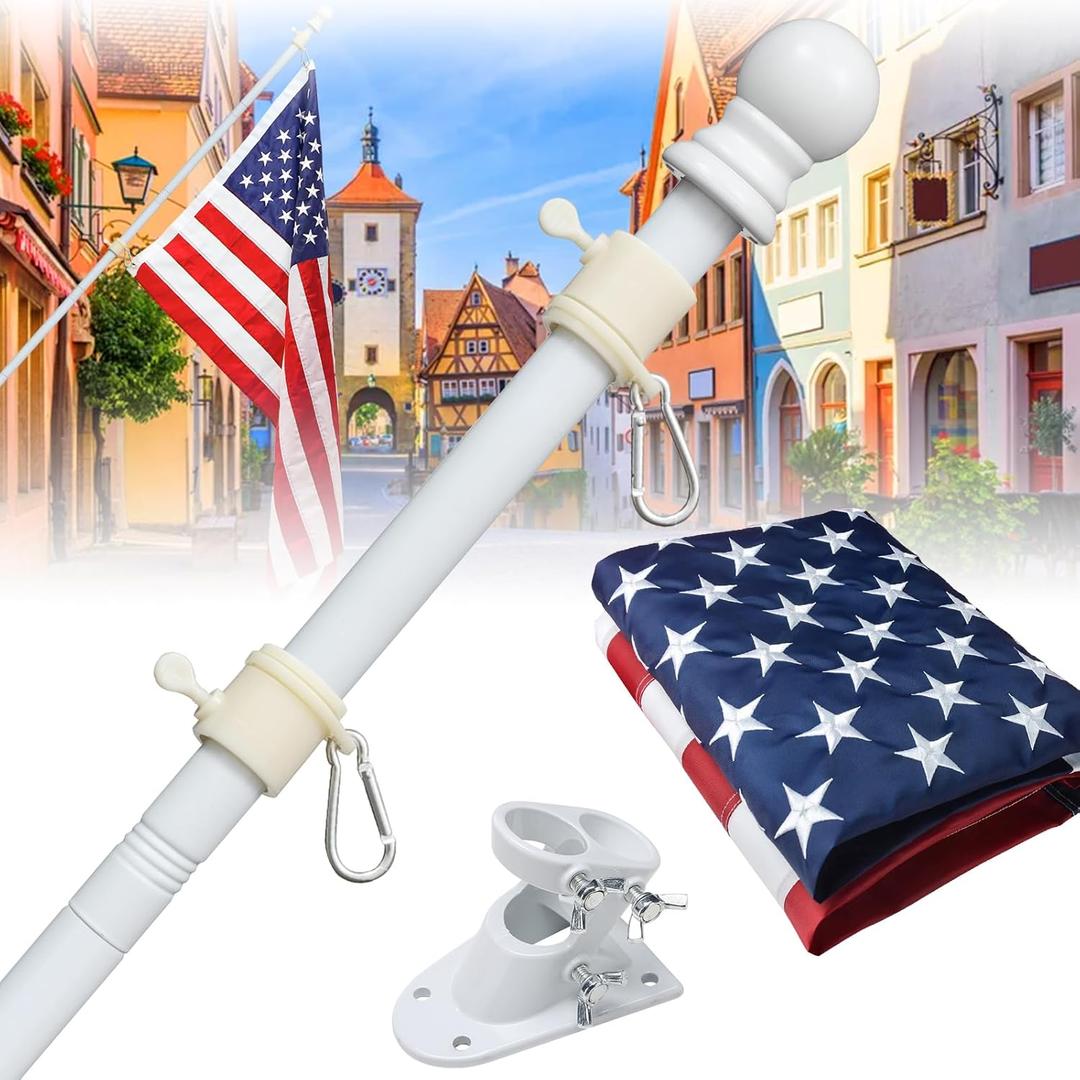 Barcetine Flag Pole Kit - Includes 5ft Heavy Duty Tangle Free Flagpole,3x5 Embroidered American Flag, Metal Aluminum Holder Bracket,for Outside House,Porch,Outdoor - White