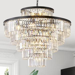 CATINER Large Crystal Chandeliers 23 Lights 36" Modern Black Luxury Chandelier for Foyer Staircase Chandeliers 6 Tiers Round K9 Ceiling Pendant Lighting Fixture for Living Dining Room
