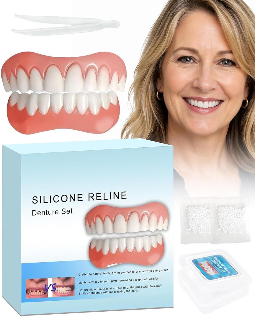 Moldable Silicone Dentures for Women & Men, Natural Cosmetic False Teeth Veneers, Upper & Lower Temporary CustomFit Denture Set, Quick Easy Wear for Daily & Party Occasions