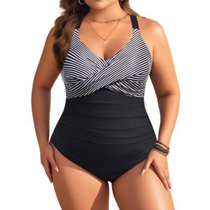 Aqua Eve Plus Size One Piece Swimsuit - Women's Tummy Control Bathing Suit Retro Full Coverage Swimwear 2025 Black Striped, 16W