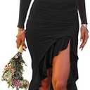 BORIFLORS Women's Ruched Bodycon Maxi Dresses Mesh Long Sleeve Square Neck Ruffle Hem Cocktail Party Dress, Small, Black 