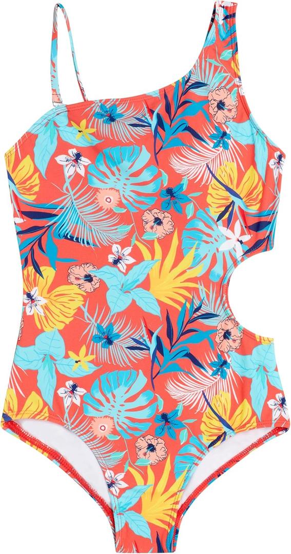 Kanu Surf Girls' Cori Beach Sport One Shoulder Side Cut UPF 50 1pc Swimsuit (10, Nellie Coral)