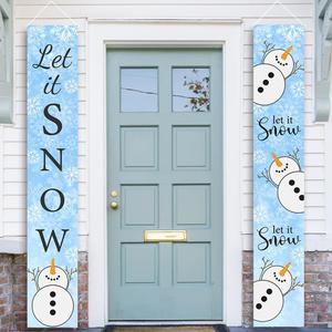 Christmas Decoration Let it Snow Porch Sign Snowman Banner Blue Christmas Hanging Banner for Home Wall Indoor Outdoor Holiday Party Xmas Winter Decor (Blue)