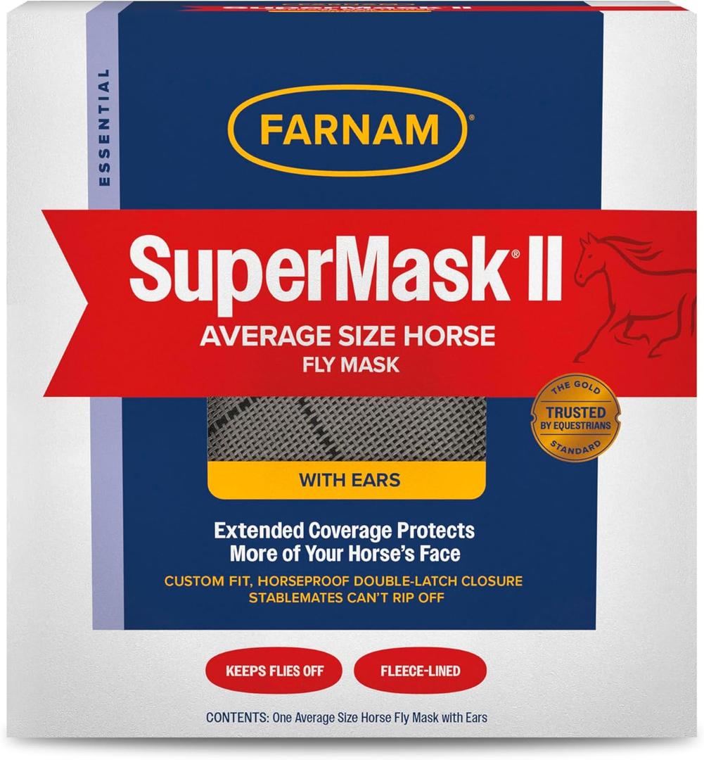 Farnam SuperMask II horse fly mask with ears, extended coverage, protects eyes from insects and debris, adjustable throat latch