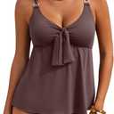 Aleumdr Women's Tankini Swimsuits Tummy Control Two Piece Bathing Suit V Neck Tie Front Flowy Swim Top with Bottom (X-Large, Coffee)