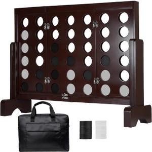 ApudArmis Wooden 4 in a Row Game, Classic Wooden 4-to-Score Game Set with Coins & Carrying Bag-Indoor Outdoor Games for Adults Family