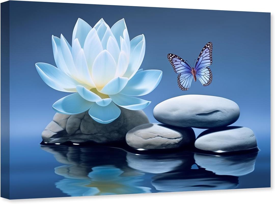 ARTZGX Blue Zen Wall Art Lotus Flower Canvas Spa Stone Pictures for Bathroom Wall Decor Meditation Butterfly Painting Frame(Zen - A 16.00" x 24.00")