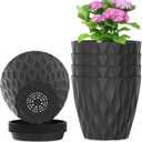 Meowell 4 inch Small Plastic Nursery Pots, Seedling Pots, 5 Set Water Ripples Plant Pots for Indoor Plants, Flower Pots with Drainage Holes and Saucers, Seed Starter Pots for Succulent Plants, Black