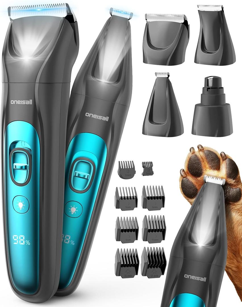 oneisall Quiet Dog Clippers for Grooming, LED Light Dog Paw Trimmer Dog Nail Grinder, Rechargeable 2000mAh Dog Grooming Clippers Cordless Dog Hair Trimmer Electric Dog Trimmer for Paw, Nail, Body (Standard)