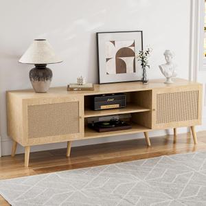 ZttRiee TV Stand for TVs up to 65'', Entertainment Center With Rattan Door, Shelves & 2 Cabinets, Long Boho Media Console for Living Room, Natural, 15.7" D X 54.7" W X 18.9" H