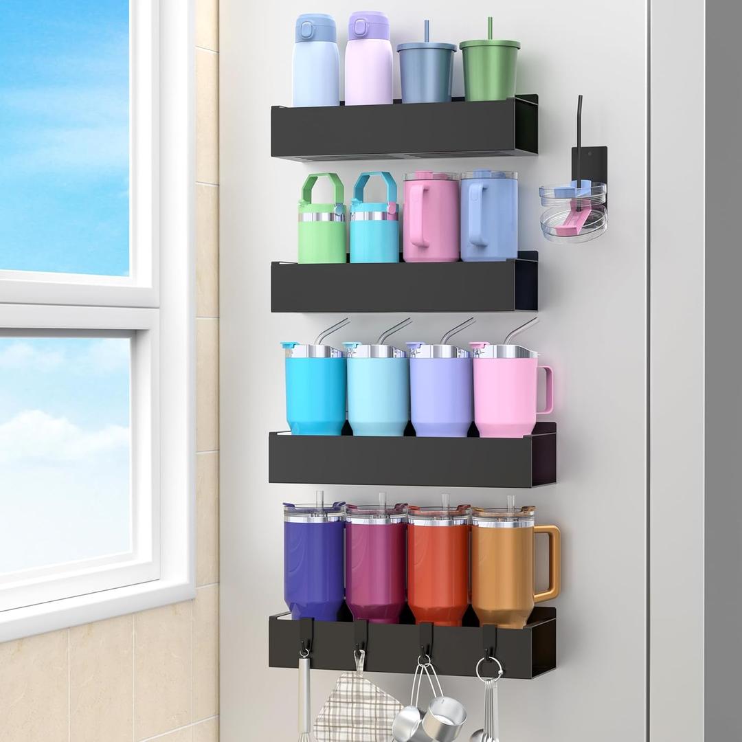 HuggieGems Metal Magnetic Water Bottle Holder for Refrigerator, Cup Holder Organizer for Stanley and Tumbler for Kitchen, 4 Pack, Jet Black