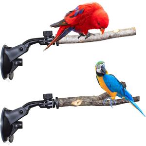 2pc Parrot Perch Stand with Suction Cup, Natural Wood Bird Perch, Adjustable 5.9 Inch for Small and Medium Birds, Promotes Healthy Beaks and Nails, fit for Bird, Cockatoo, Macaw, Parakeet