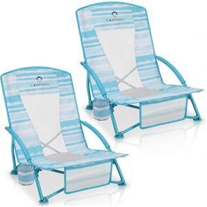 2 x Low Beach Chairs 2 Pack,Folding Compact Low Seat Chairs for Adults w/Mesh Back,Cup Holder & Storage Bag,Heavy Duty Chair for Outdoor Sand,Travel,Camping,Picnic,Blue Strip