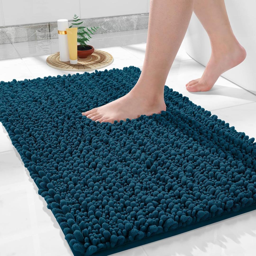 Yimobra Bathroom Rugs Non Slip Washable - Ultra Soft Absorbent Chenille Bath Mat, Quick Dry Shaggy Floor Carpet for Tub Shower, Rustic Turquoise Home Decor Accessories, 24x17 Inch (Peacock Blue)